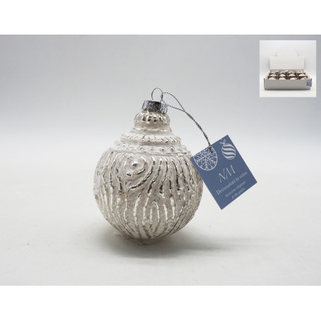 PALLA VETRO BIANCA C/GLITTER ARGENTO 8CM