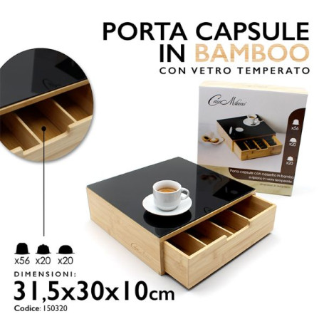 PORTA CAPSULE BAMBOO C/VETRO TEMPERATO